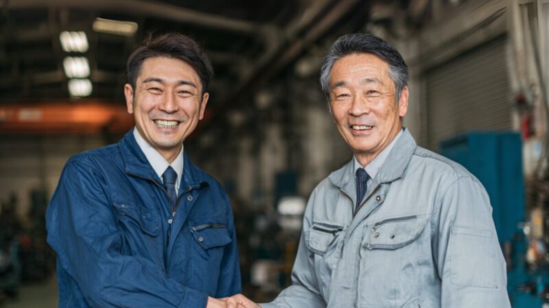 事業承継 株価で世代交代する経営者と後継者の握手