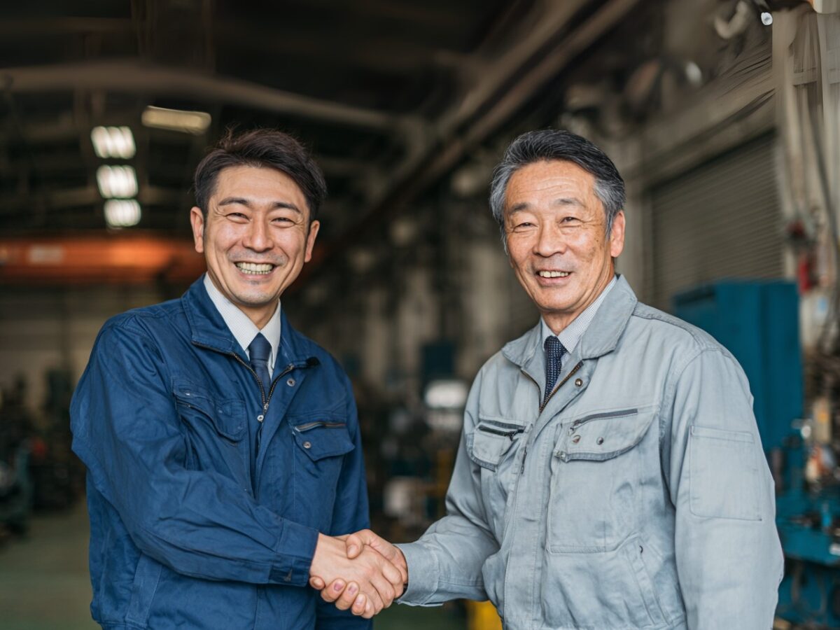 事業承継 株価で世代交代する経営者と後継者の握手