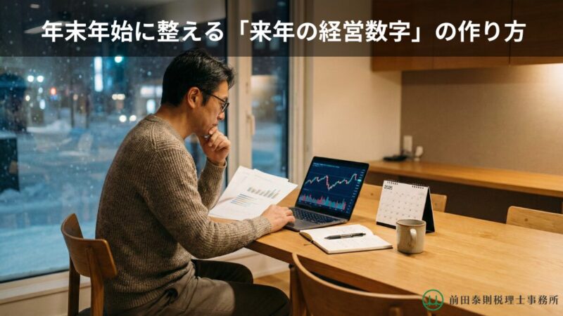 年末年始の夜、自宅で来年の経営数字と予算・資金計画を考える中小企業の社長
