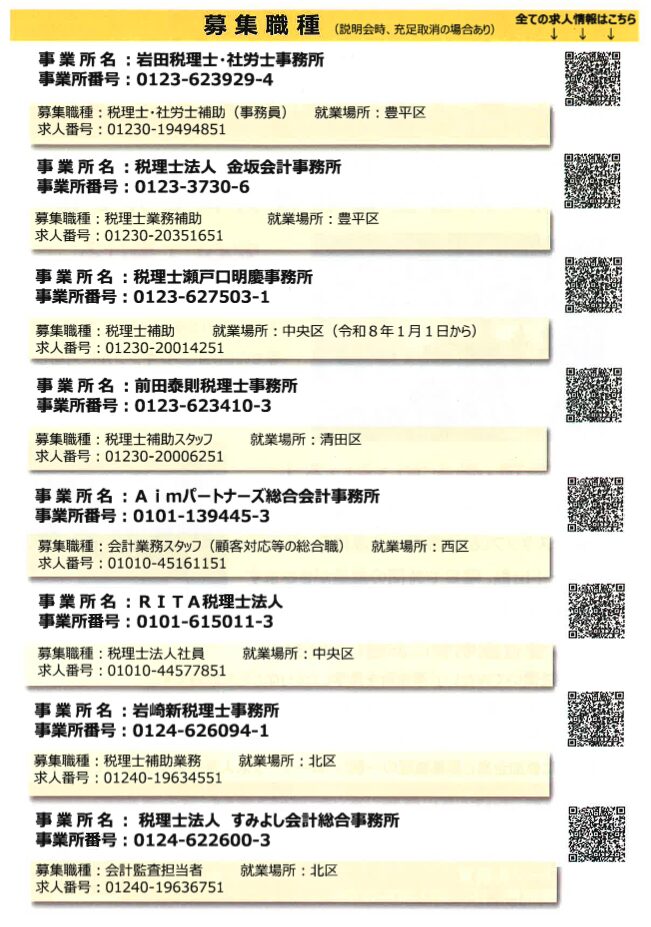 札幌市内の税理士・会計士事務所8社の募集職種一覧。税理士補助、会計補助、会計監査担当などの求人内容と就業場所が掲載されている求人案内。