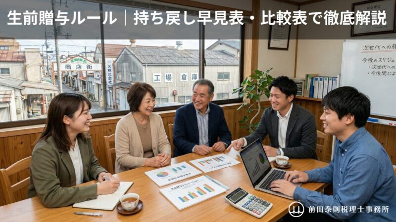 地方の商店街や工場が見える中小企業の事務所で、生前贈与ルールについて中小企業オーナー夫婦と次世代が税理士と笑顔で打ち合わせをしている様子