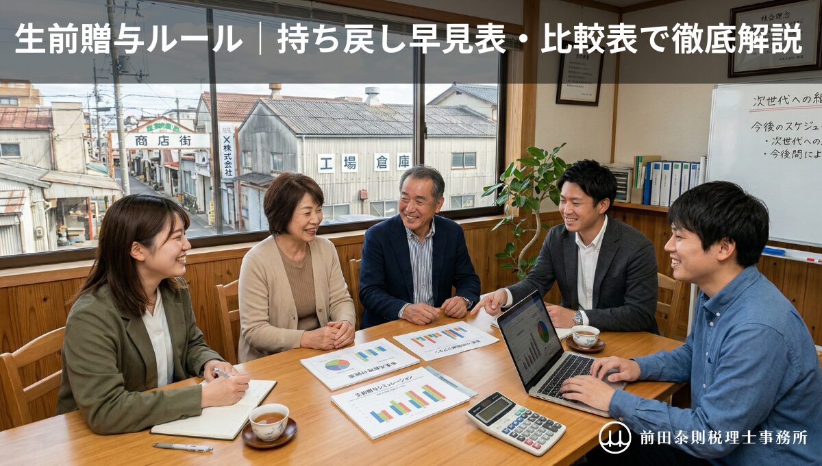 地方の商店街や工場が見える中小企業の事務所で、生前贈与ルールについて中小企業オーナー夫婦と次世代が税理士と笑顔で打ち合わせをしている様子
