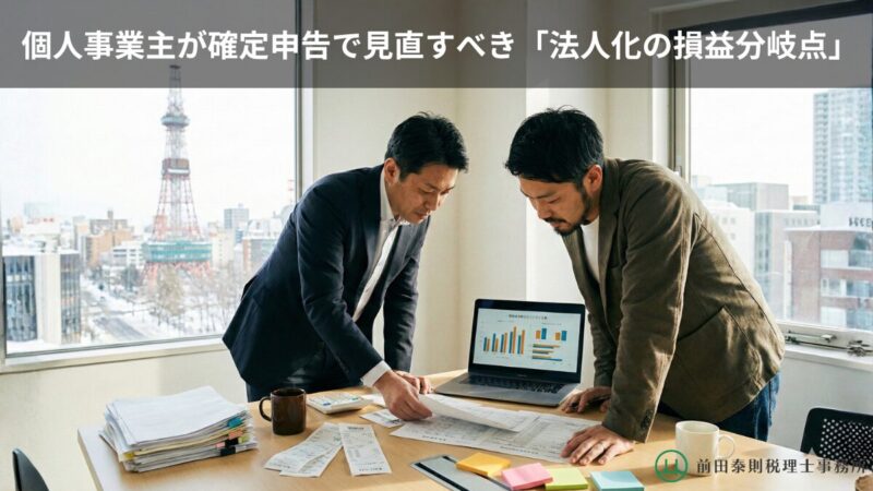 個人事業主が税理士とオフィスで確定申告書や資料を確認しながら法人化の損益分岐点を検討している様子。窓の外には札幌市街とテレビ塔の冬景色が見え、ノートPC画面には損益分岐点のグラフが表示されている。上部に「個人事業主が確定申告で見直すべき『法人化の損益分岐点』」というテキスト、右下に前田泰則税理士事務所のロゴ。